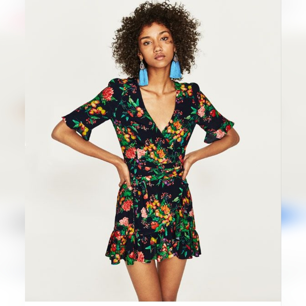 Zara Floral Wrap Dress Size Medium Black,  multicolored